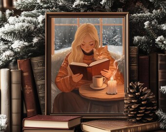 Cozy Winter Reading Print | Cat Lover Digital Art | Reading Nook