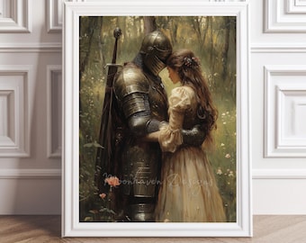 Op de afbeelding: Een schilderij van een ridder in harnas die een vrouw omarmt in een bosrijke omgeving. De ridder draagt een helm en houdt een zwaard vast. De vrouw draagt een lange jurk en heeft haar armen om de nek van de ridder geslagen. De achtergrond is een weelderig bos met bomen en bladeren.