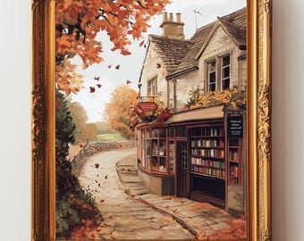 May include: A framed painting of a charming bookstore in autumn. The building has a stone facade, a red-framed window display, and a sign that reads "Books & Gifts". The scene is framed by a gold ornate border, evoking a sense of warmth.