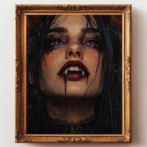 May include: A framed portrait of a woman with dark hair and pale skin, depicting a vampire. The woman has red eye shadow, blood dripping from her fangs, and a dark lace collar. The frame is gold.