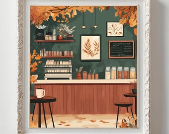 Stampa Cozy Boho Cafe / Stampa Autumn Coffeehouse / Decorazione Light Academia / Estetica Cozy Kitchen