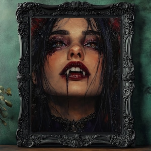 May include: A framed portrait of a woman with dark hair and pale skin, framed in a black ornate frame. The woman has red eye makeup, blood dripping from her mouth, and fangs. The artwork has a gothic or vampire theme.