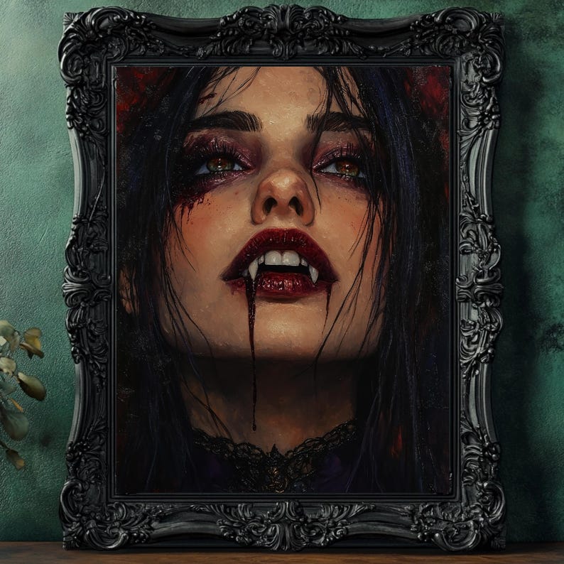 May include: A framed portrait of a woman with dark hair and pale skin, framed in a black ornate frame. The woman has red eye makeup, blood dripping from her mouth, and fangs. The artwork has a gothic or vampire theme.