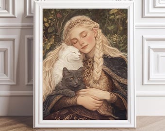 May include: A woman with long blonde hair and a braid sits in a forest setting, holding two cats. One cat is white and the other is gray. The woman is wearing a brown and gold dress with a long, dark cloak.