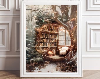 May include: A framed print depicts a cozy, whimsical scene of a treehouse library in a snowy forest. The treehouse features a fireplace, bookshelves, and a window with a view. The scene is illuminated by string lights, creating a warm, inviting atmosphere.