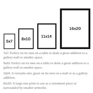 May include: Four framed art prints in varying sizes: 5x7, 8x10, 11x14, and 16x20 inches. Each frame is black with a white interior. The image includes text describing the sizes and uses for each print.