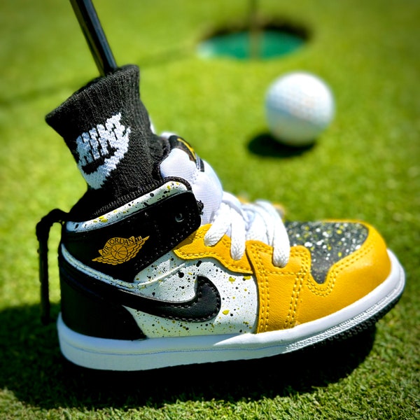 Custom Drip Painted Jordan 1s “Yellow Ochre” Putter Covers - Handcrafted Golf Accessories
