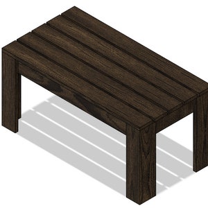 May include: A dark brown wooden bench with a slatted top and four legs. The bench is made of solid wood and has a rustic look.