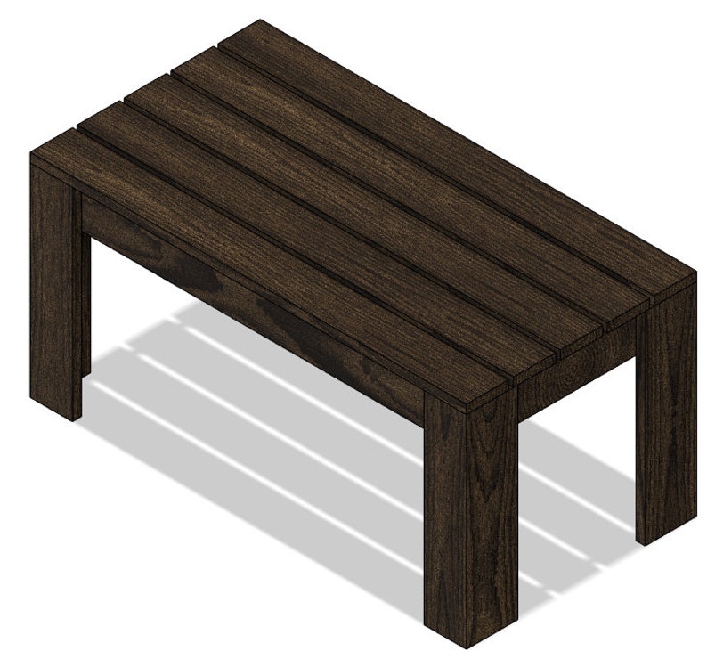 May include: A dark brown wooden bench with a slatted top and four legs. The bench is made of solid wood and has a rustic look.
