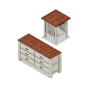 May include: A white dresser with six drawers and a wood top. The dresser is next to a white end table with a wood top and a shelf. Both pieces of furniture have black drawer pulls.