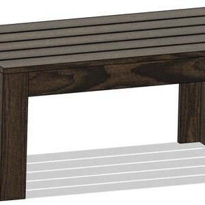 May include: A dark brown wooden coffee table with a slatted top and four legs.