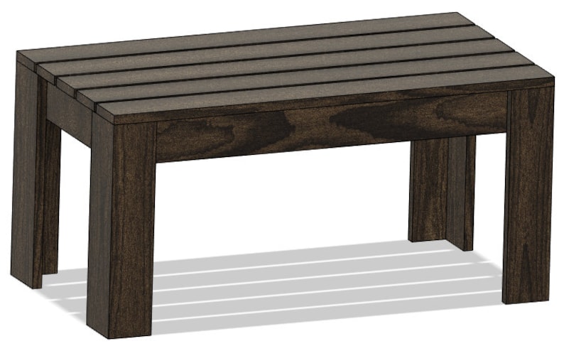 May include: A dark brown wooden coffee table with a slatted top and four legs.