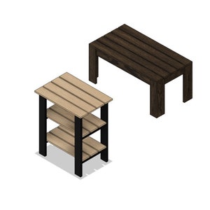 Può includere: Due tavoli in legno con stili diversi. Un tavolo ha un piano in legno chiaro con gambe in metallo nero e tre ripiani. L'altro tavolo ha un piano in legno scuro con gambe in legno scuro.