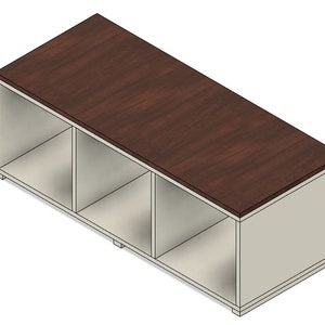 May include: A white wooden storage bench with three compartments and a dark brown wood top.