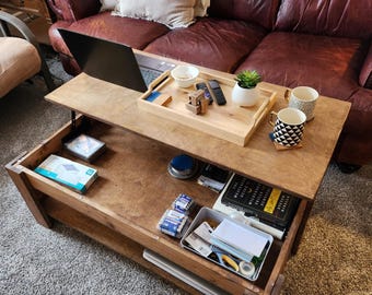 Planos para mesa de centro elevable (hágalo usted mismo), planos para mesa rústica con almacenamiento secreto, instrucciones para construir una mesa de madera contrachapada con almacenamiento oculto, planos de mesa.