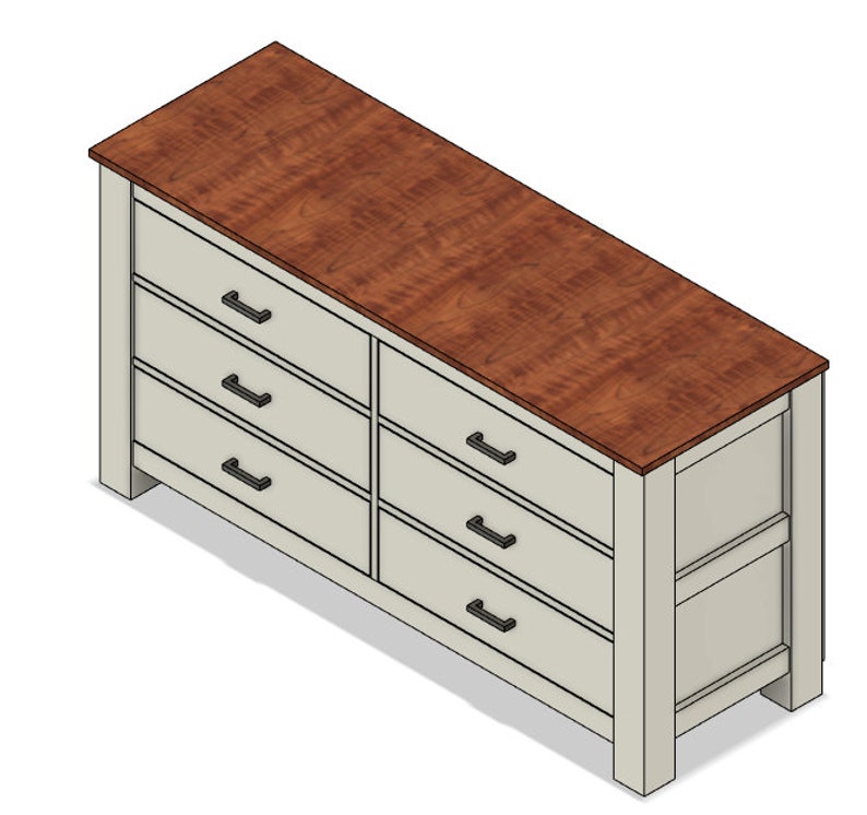 May include: A white dresser with six drawers and black drawer pulls. The dresser has a wood top with a brown stain.