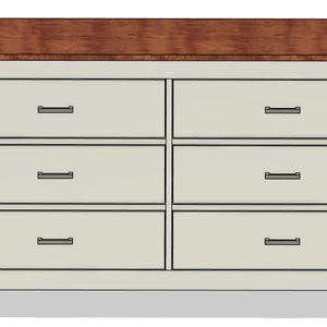 May include: A white dresser with six drawers and a wood top. The drawers have silver handles.