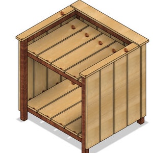 Puede incluir: Unidad de almacenamiento de madera con dos estantes. El marco es de color marr&oacute;n oscuro, y los estantes y los lados est&aacute;n hechos de tablas de madera de color claro. La unidad tiene un dise&ntilde;o simple y rectangular, adecuado para uso en exteriores o interiores.