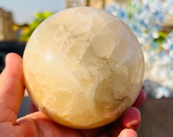 Natural Honey Calcite Crystal Sphere (92MM): Metaphysical Healing Stone