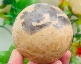 62MM Rare Peach Moonstone with Smoky Quartz Metaphysical Meditation | Crystal Stone Sphere Ball
