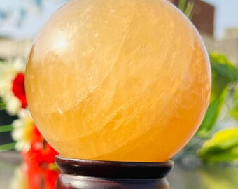 86MM Natural Honey Calcite Crystal Sphere: Metaphysical Healing Stone