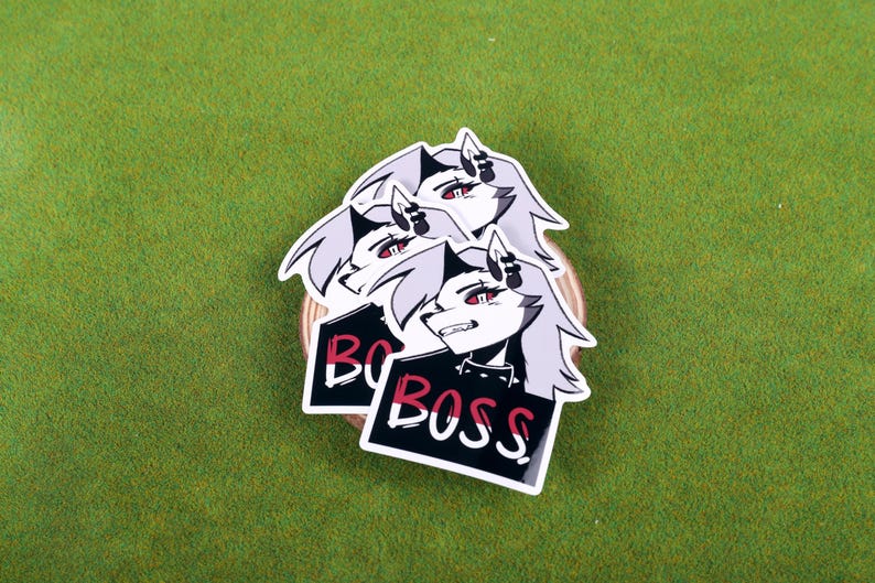 May include: Three stickers featuring a black and white illustration of a wolf-like character with red eyes and the text "Boss" in red and black lettering.
