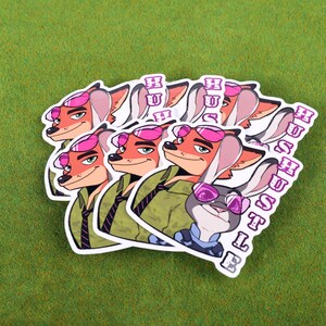 May include: Five stickers featuring cartoon characters with pink sunglasses. The characters are a fox and a rabbit. The stickers have the text "HUSHUSTLE" printed on them.