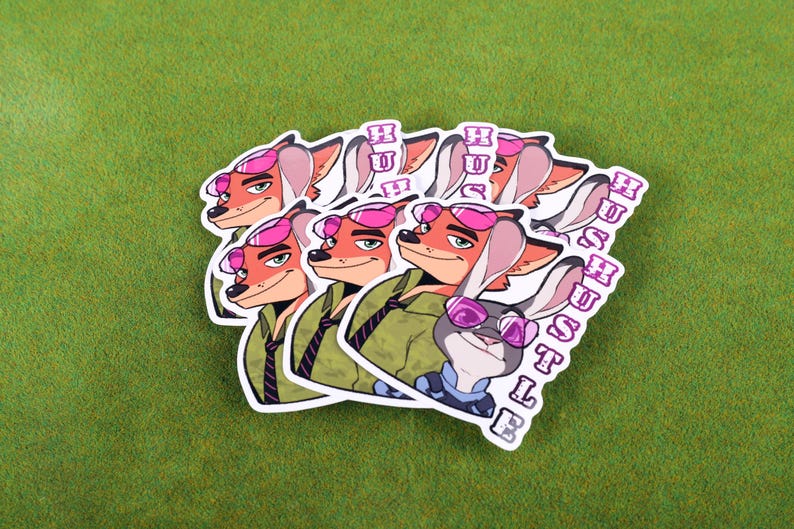 May include: Five stickers featuring cartoon characters with pink sunglasses. The characters are a fox and a rabbit. The stickers have the text "HUSHUSTLE" printed on them.