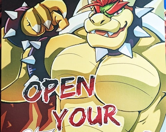 May include: A cartoon image of a large, muscular, yellow Bowser with red hair and a green eye patch. He is wearing a spiked black collar and has a menacing expression. The text "OPEN YOUR GATES" is written in red and black letters on a yellow background. A small, red fox with white fur and blue eyes is in the lower left corner of the image.