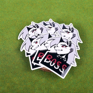 May include: A set of five stickers featuring a cartoon character with white hair, red eyes, and a black and white outfit. The stickers have the word "BOSS" printed on them in white and red letters.