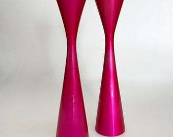1960s Florescent Pink Mod Wooden Candlestick Holders