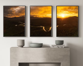 Conjunto de 3 puesta de sol sobre las montañas, arte de pared imprimible, fotografía de naturaleza real, descarga digital.