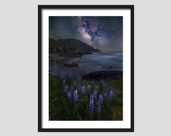 Vibrant Oceanside Milky Way photograph, Lupine Astrophotography, Printable Wall Art,  Real Nature Photography, Digital Download.