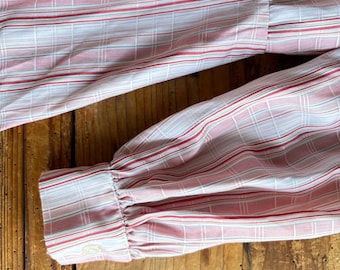 70s Vintage Plaid Shirt Dress, Pink Red White, Elastic Waist