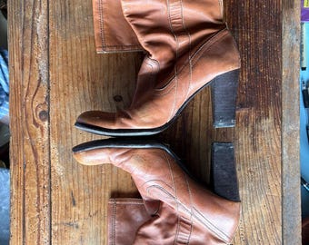 Vintage Camel Brown Leather High Heel Boots, EU39