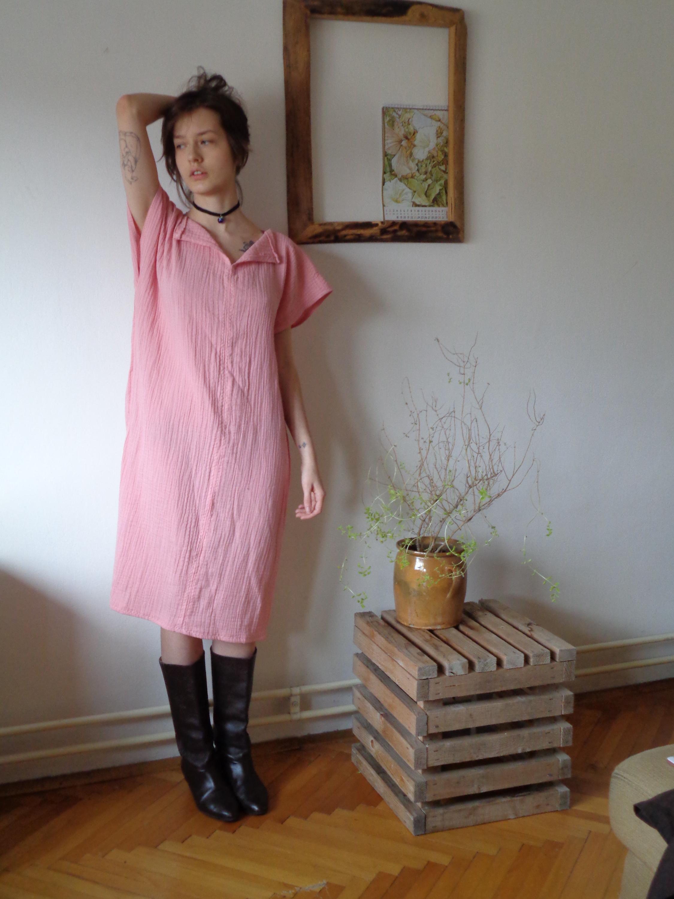 Pink Cotton Gauze Midi Dress, Sleeveless Belted Sundress