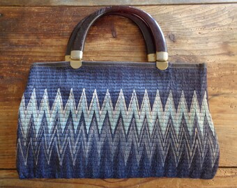 Vintage Raffia Handbag, 60s Blue Zig Zag Woven Purse, Bakelite Handles