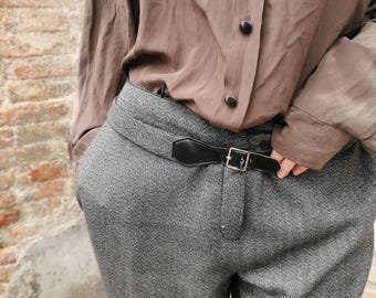 Pantalon chiné vintage, détails en cuir, coupe classique