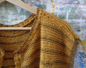 light hand-knitted vest // from super soft baby alpaca - silk mix, round neck, with buttons or without, vintage pattern, mustard and mud