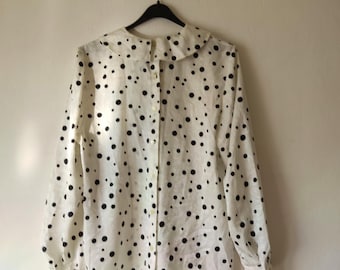 Vintage 80s Polka Dot Blouse, Elegant Black and White Top