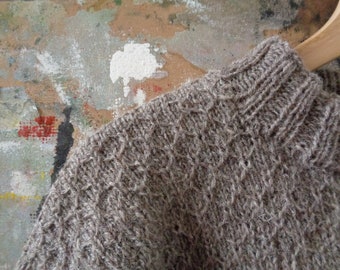 Hand-Knitted Wool Sweater, Vintage Pattern, Natural Brown, Unisex
