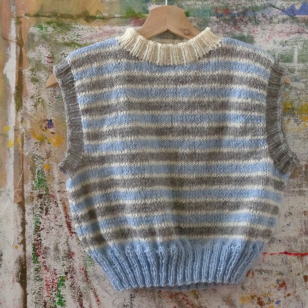 hand-knitted wool vest // pullover, made from newzealand wool, striped, short, multi color, creme, grey and blue, ready to ship