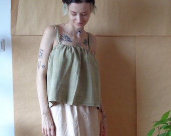 herbal dyed muslin / double gauze top // elastic top, olive green, short, with straps, ready to ship