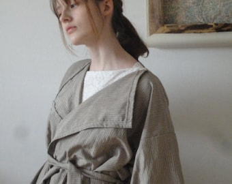 linen-silk coat with belt // long, wide kimono sleeves, striped, latte brown and creme