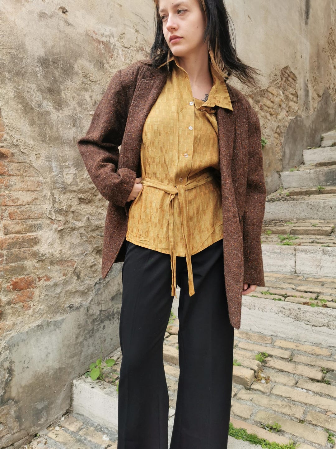 Vintage 80s Wool Tweed Blazer, Chocolate Brown, Oversized Fit
