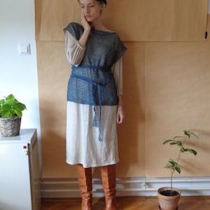 hand-knitted linen top / vest // long, with belt, jeans blue, ready to ship