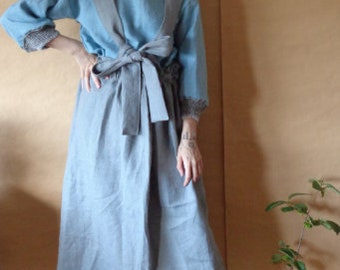 heavy linen skirt // elastic waist, light gray, with straps, long, ready to ship