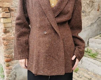 Vintage 80s Wool Tweed Blazer, Chocolate Brown, Oversized Fit