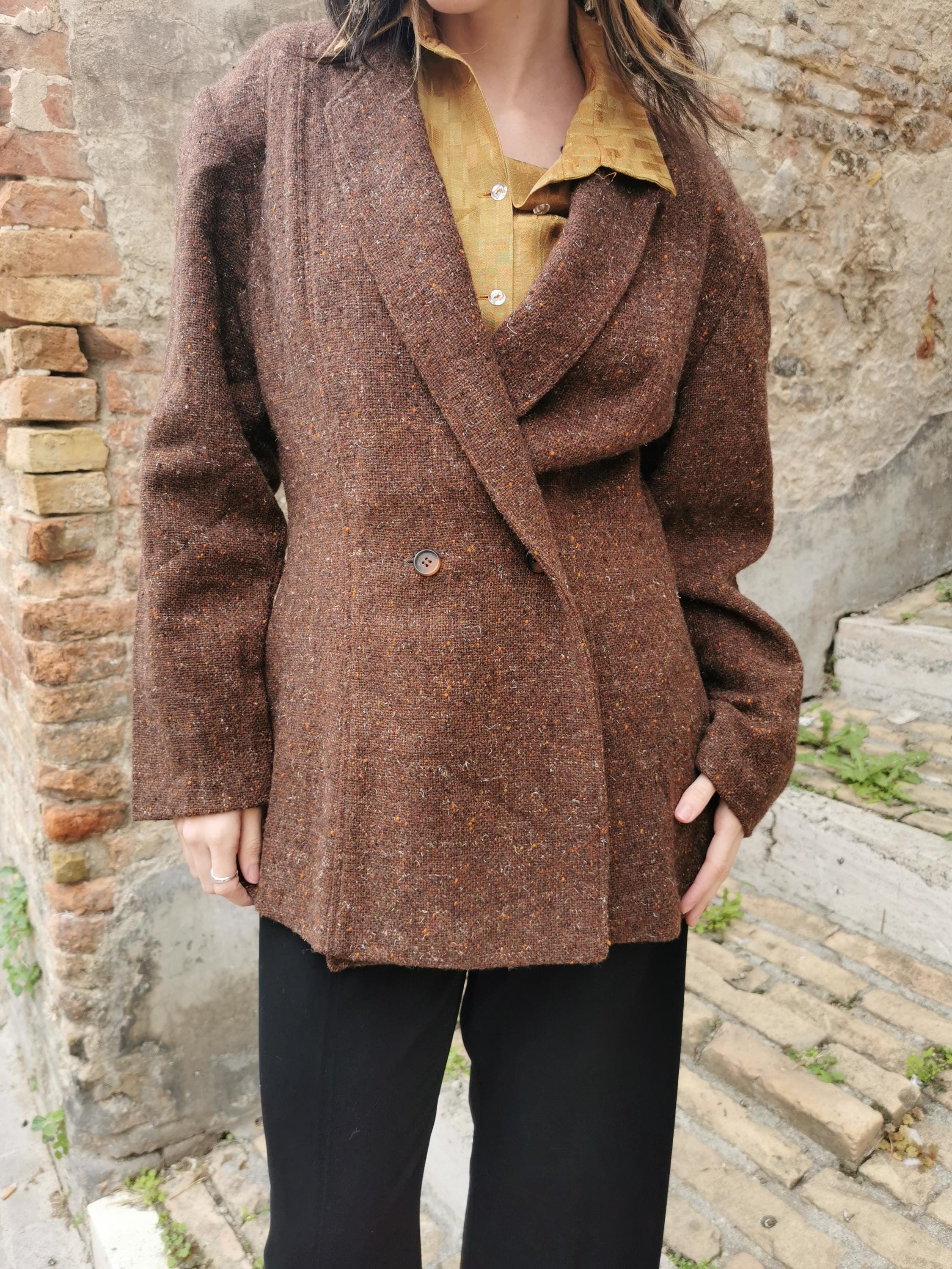 Vintage 80s Wool Tweed Blazer, Chocolate Brown, Oversized Fit