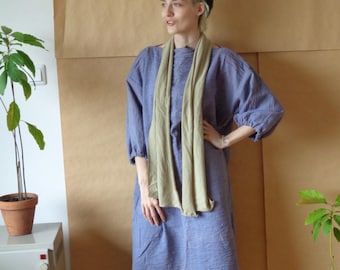 Herbal Dyed Hemp Dress, Raw Edge, Long Sleeve, Boat Neck